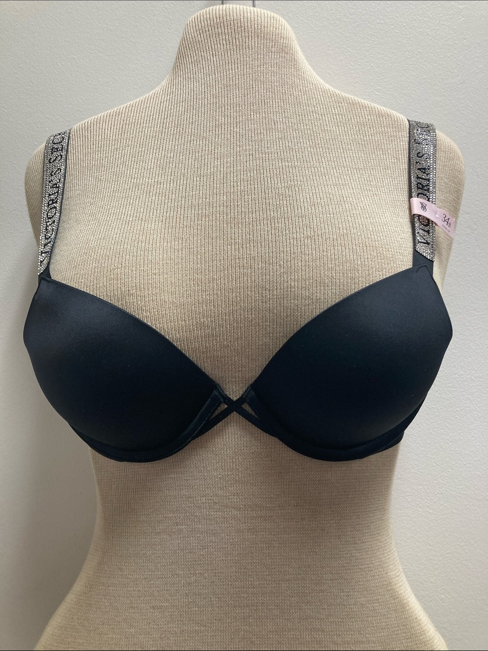 Victoria's Secret Black Padded Plunge Bra with Decorative Logo Straps